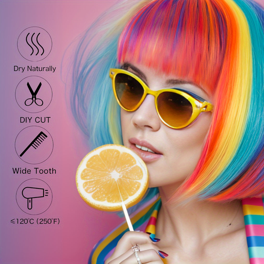 TEMU Vibrant Rainbow Bob Wig For Women - Glueless, High-temperature Synthetic Fiber, Straight Colorful Short Hair With Bangs, Cosplay & Fashion , Wig