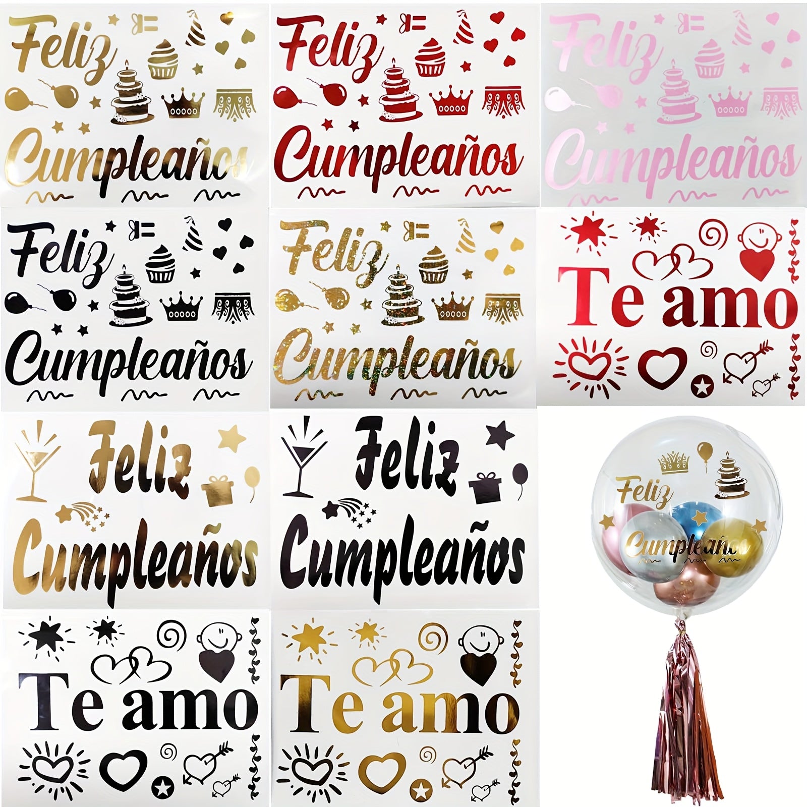 TEMU 10pcs Cumpleanos Spanish Birthday Stickers - Reusable Self-adhesive Vinyl Decals With Sparkling Crystal Accents, Multicolor (-red-golden-black)