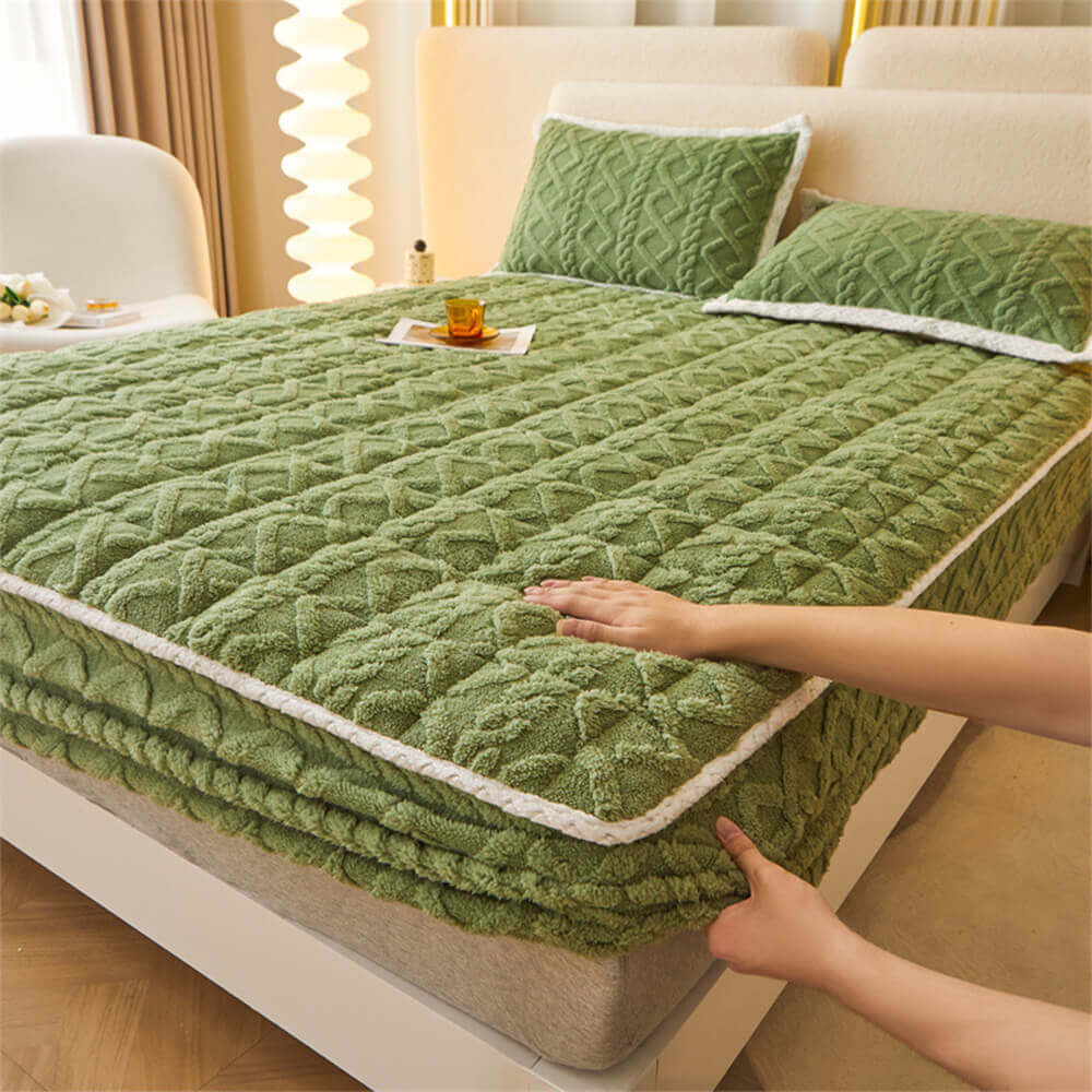Washable Fluffy Fitted Sheet Mattress Cover, Green - Pillowcase（2Pcs）