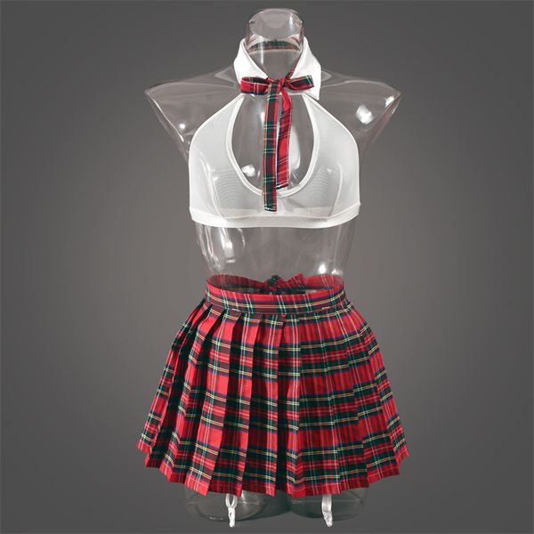 Teacher Cosplay Lingerie Sheer Halter Bra Plaid Skirt See Through Intimate Goods Sissy Erotic Crotchless Briefs Outfits