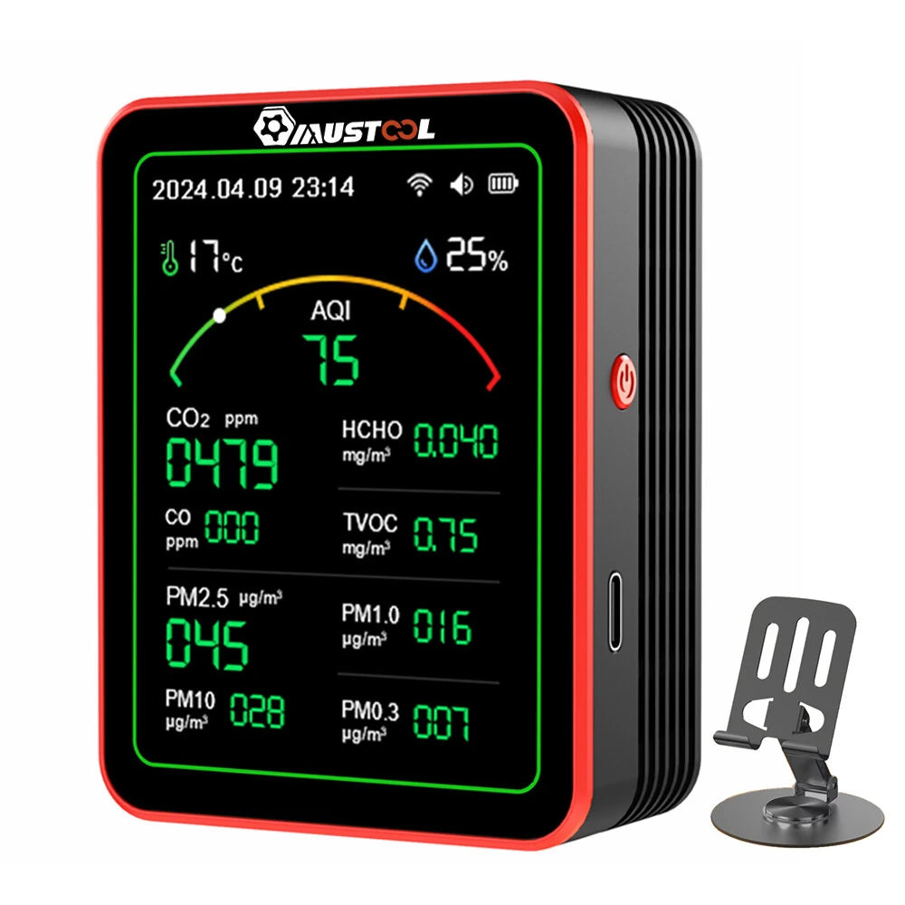 MUSTOOL 15-in-1 Air Quality Monitor Wifi Tuya App 15-in-1 Smart Tester With stand CO2 CO TVOC HCHO PM2.5 PM1.0 PM10 AQI