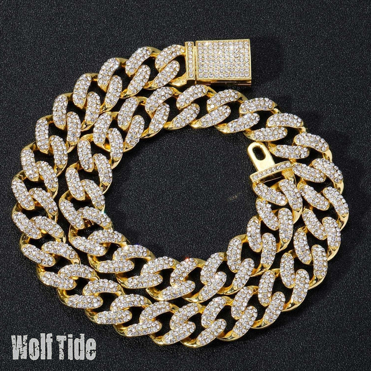 New in Hip Hop 15mm Three Row Diamond Cuban Chain Necklace Full Personality Trendsetter Men&#039;s Collar Rose Gold Iced Rhinestone Curb Chains Coll