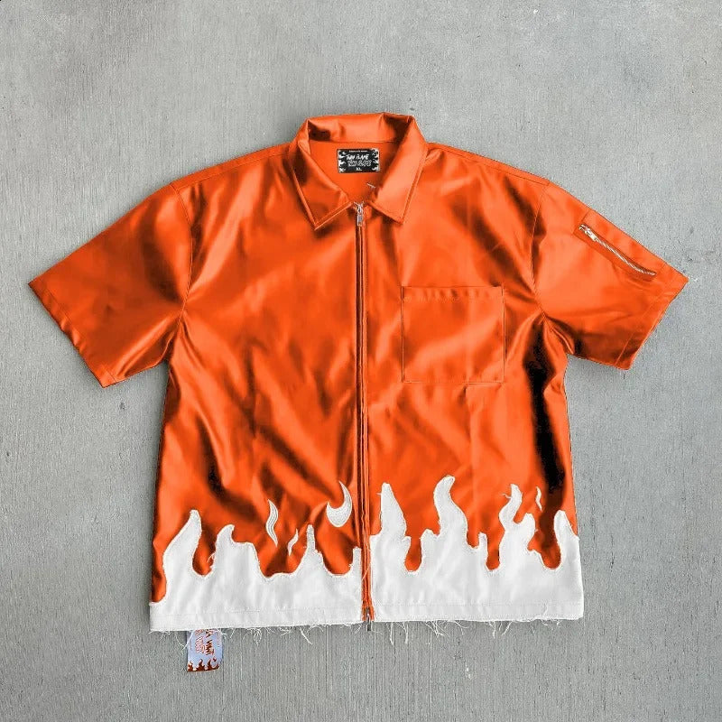 2024 Summer Leather Short Sleeve Y2K VIntage Harajuku Fashion Tshirt Mens Street Hip Hop Casual Collar Zipper Top 241227