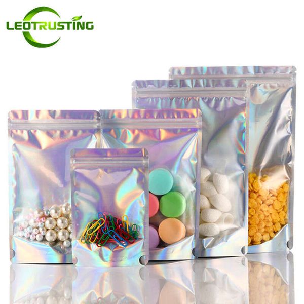 Translucent Stand Up Zip Lock Bag Clear Front Holographic Laser Sier Snack Food Coffee Dried Fruits Powder Candy Pouches