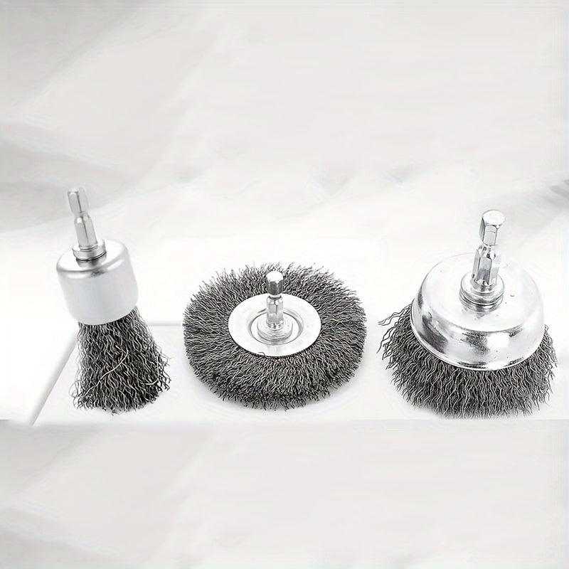 TEMU 3pcs Heavy-duty Wire Brush Set For Drills - 1-4" Hex Shank, 0.012" Coarse Carbon Steel, Multi-material - Ideal For Rust Removal, Stripping &
