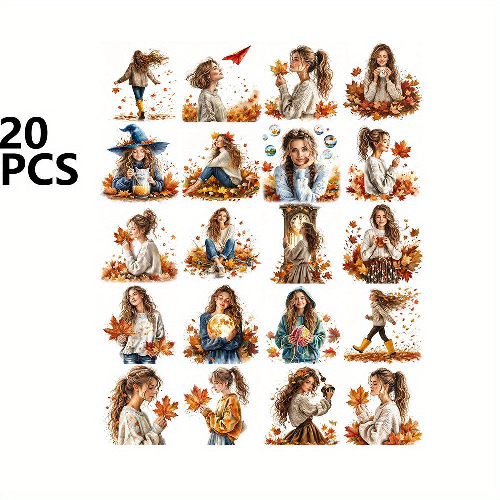 TEMU 20pcs Autumn Girl With Stickers Pack - Diy Crafts, Scrapbooking, Laptop, Notebook, Journal, Photo Album Decor - For Seasonal Projects,