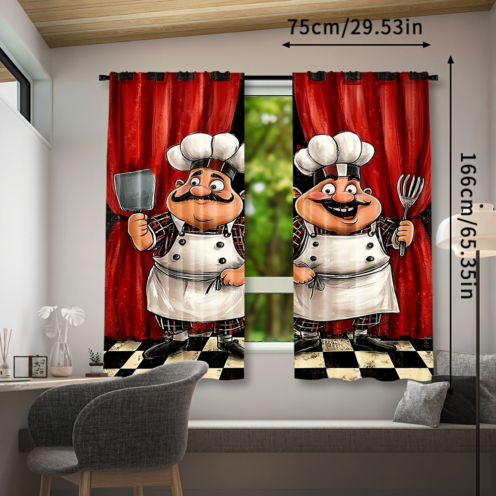 TEMU 2pcs Chef Kitchen Curtains - Cooking Theme Window Drapes With Buffalo Check , Semi-sheer Polyester Window Treatments For Kitchen, Living Room,