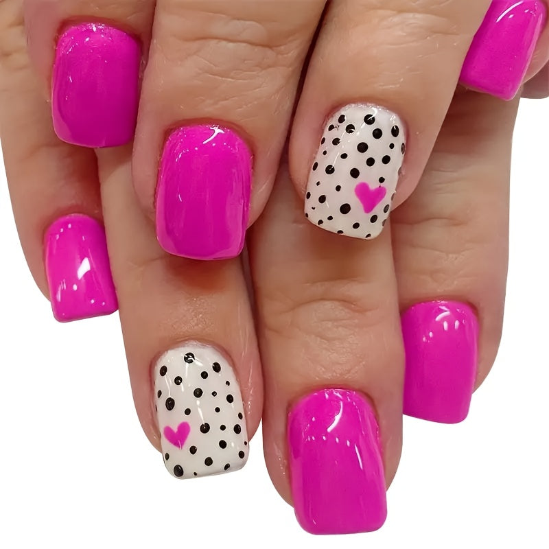 TEMU 24pcs Short Square Nail Wraps - Glossy Pink & Polka With Hearts, Easy-to-apply Fake Nails With Glue & Nail File Included,