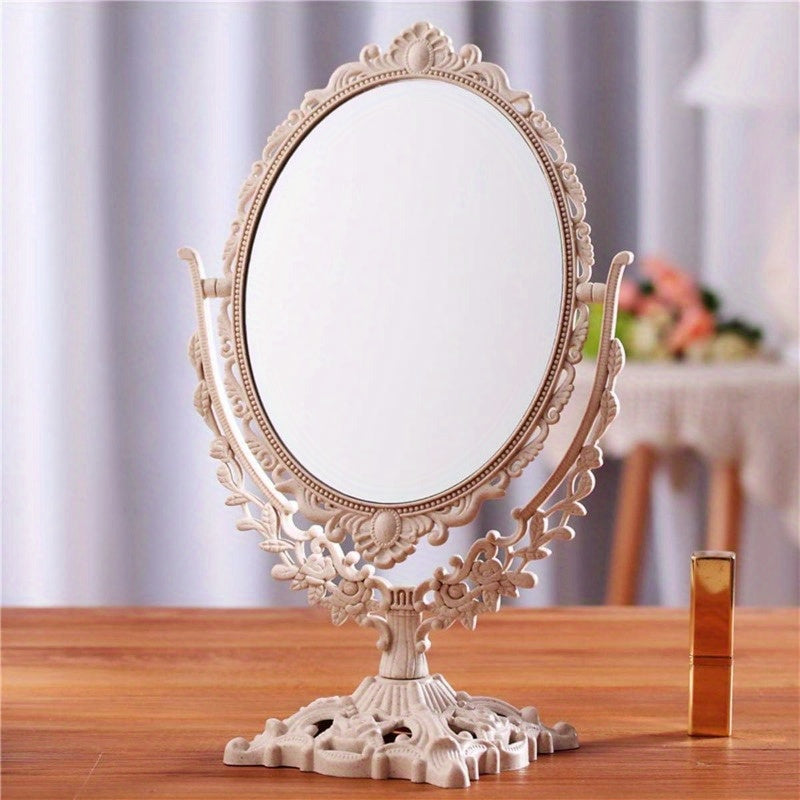 TEMU Retro European Double-sided Rotary Makeup Mirror - Adjustable Frame, High-definition Glass Surface, , Portable, Suitable For Desktop And Vanity