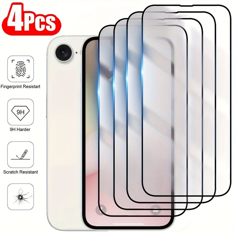 TEMU 4pcs Full Cover Tempered Glass Screen Protector For Iphone 16e 2025 - 9h Hardness, Scratch-resistant, Anti-fingerprint, Anti-scratch,