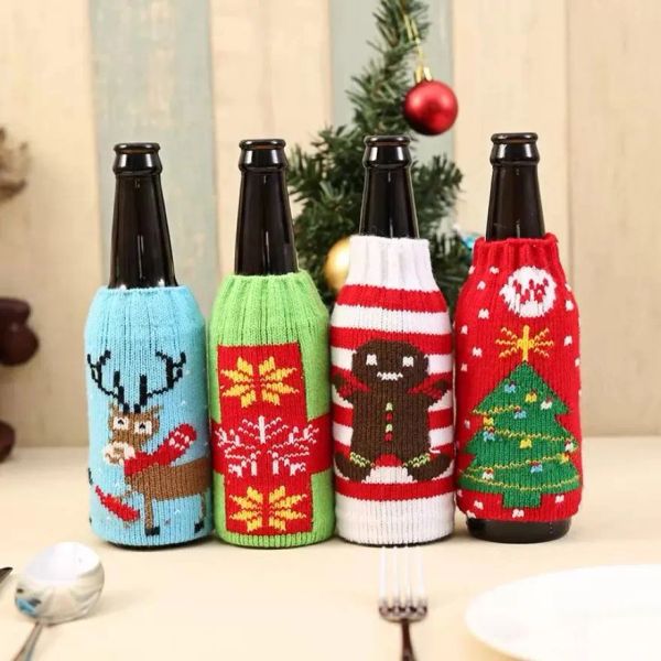 Christmas knitted wine bottle cover party favor xmas beer wines bags santa snowman moose beers bottles covers wholesale FY4767