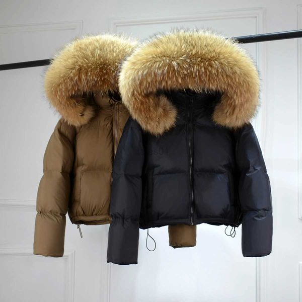 Winter Women&#039;s Huge Real Raccoon Fur Hooded Short Puffer Jacket Women Thick Warm Loose Bubble Down Coat Female Black Waterproof Parkas