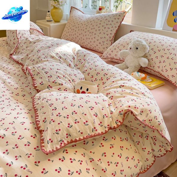 ddmyuranus Bedding INS Girls Cherry Soft Washed Cotton Sheet Queen King Size Duvet Comforter Set Pillowcase Bed Linens