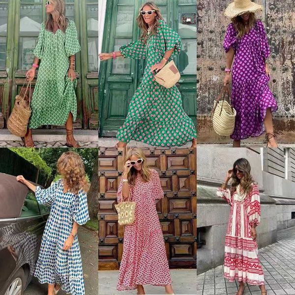Basic Casual Dresses 2022 trade summer new hot selling geometric collage bubble sleeve dress street plus size womens clothing z250210