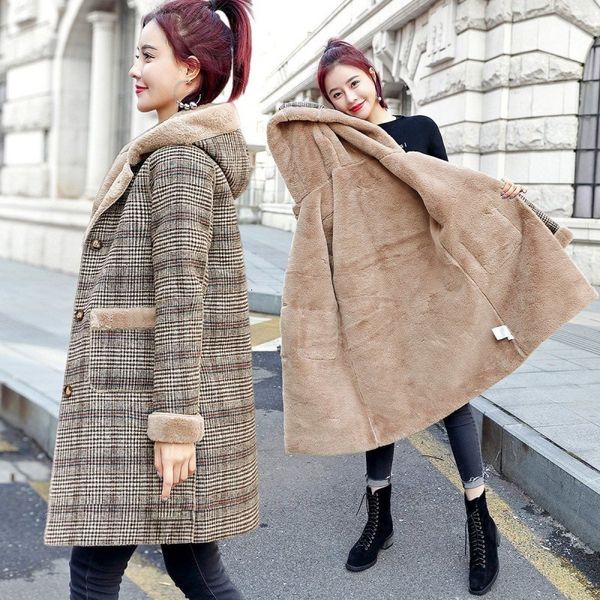 Women&#039;s Wool Blends en Coat Women Winter Jacket Fashion Plaid Mid Long s Hooded Warm Lady Outerwear Overcoat Female Tops 221117