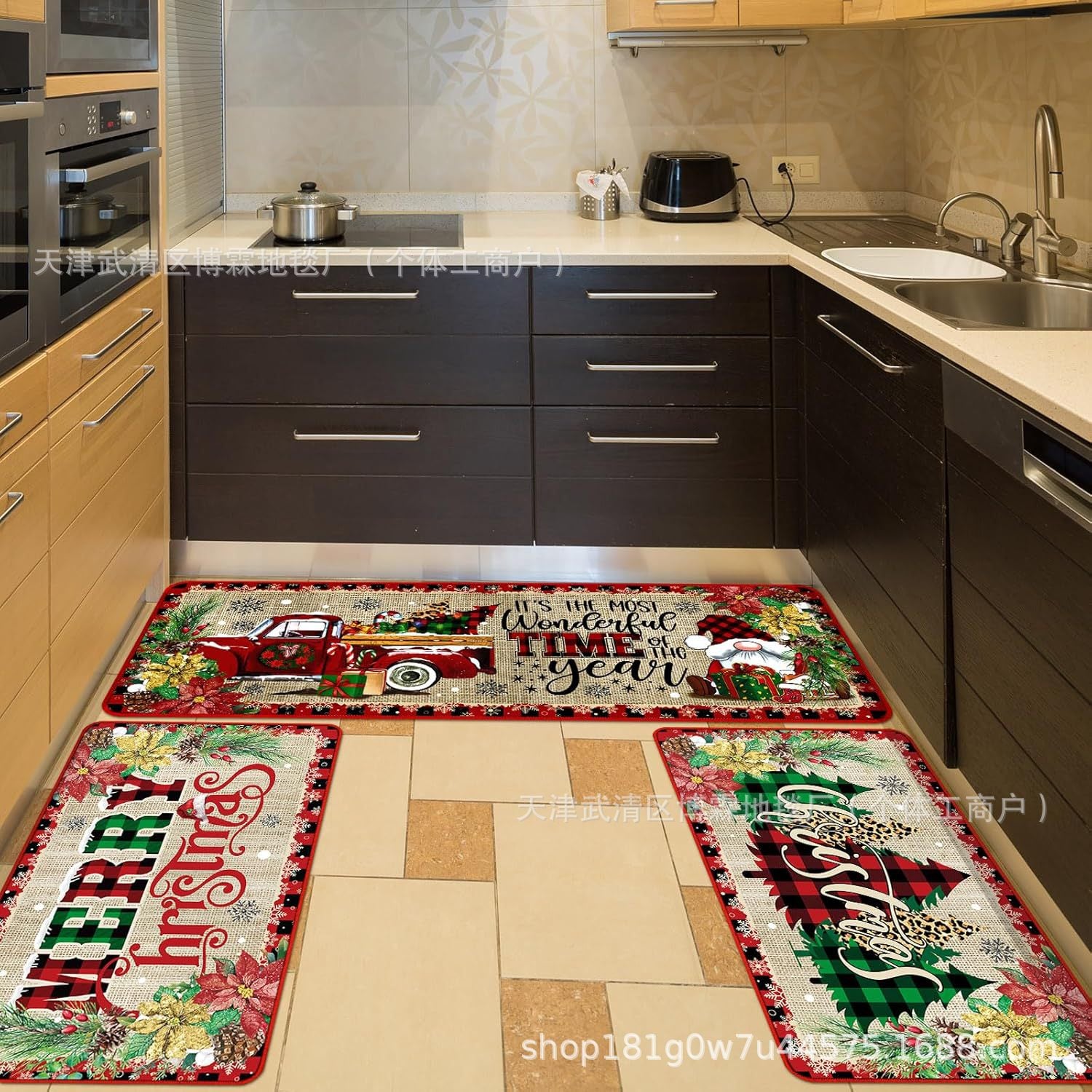 Kitchen Floor Mats Porch Door Mats Three-piece Christmas Decoration Floor Mats