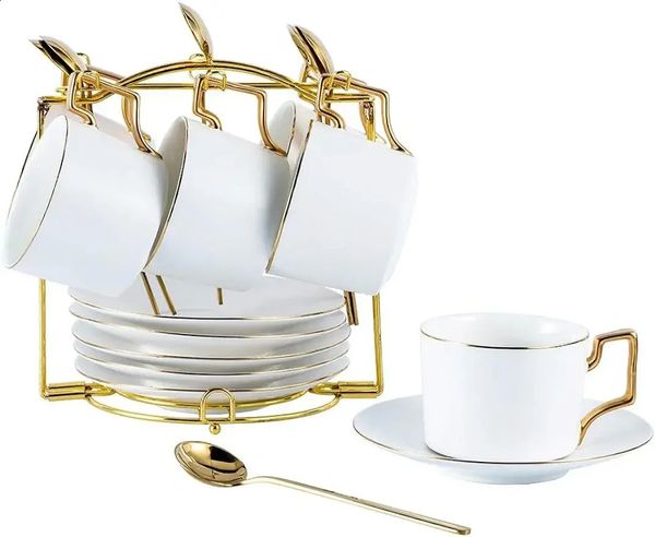 Tea Cup and Sauce Set 6 Golden Decorated Ceramic Coffee with Spoon Espresso 240923