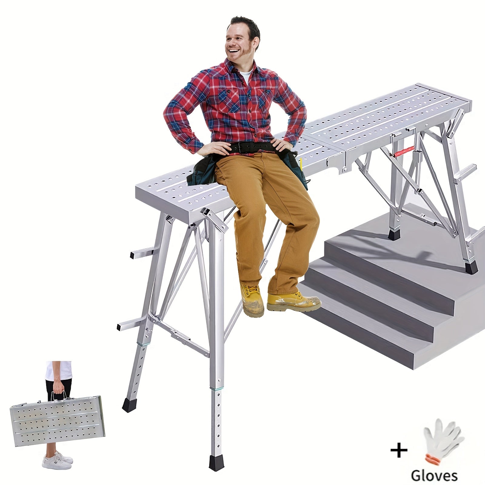 TEMU Work Platform Adjustable Folding Scaffolding Portable Step Ladder Height Drywall Bench Heavy Duty Load Capacity 800lbs For Rv Cleaning Painting