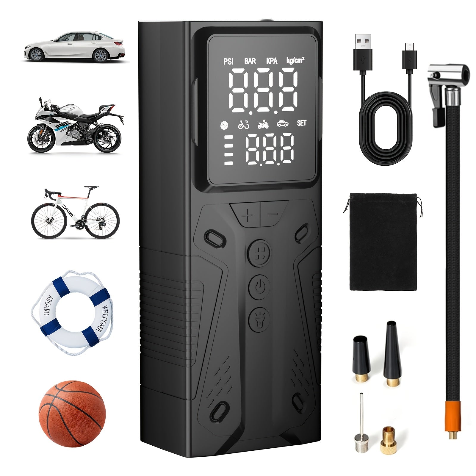 TEMU High-performance Portable Tire Inflator - 150psi Compressor, With Digital Display And Led Lighting, Usb Charged, For Cars Bicycles, And