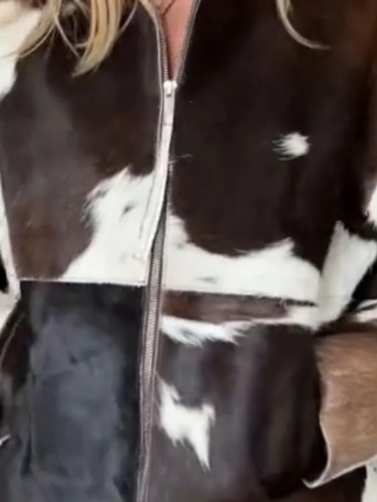 Fashion Vintage Cow Printed Jacket Women Full Sleeve Irregular Lapel Patchwork Jackets 2025 Female Autumn Daily Casual Outerwear 250910