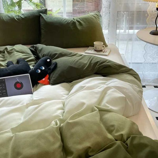 Ins Gradient Green Blue Bedding Set Soft Flat Sheet Duvet Cover case Washed Cotton Bed Linen Queen Full Size Quilt CoverC241207