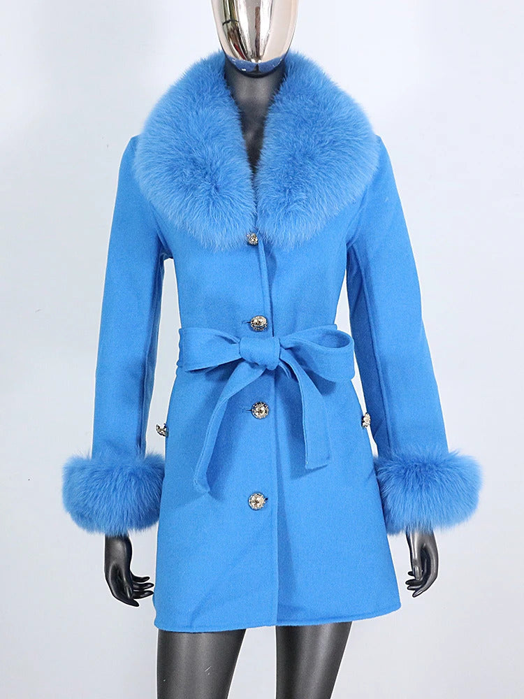 Women&#039;s Wool Blends BLUENESSFAIR Real Fur Coat Winter Jacket Women Natural Collar Cuffs Belt Cashmere Woolen Outerwear Streetwear 231206