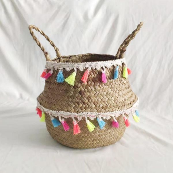 Nordic Macrame Wicker Basket Seagrass White Basket Panier Osier Cesta Mimbre Laundry Woven Storage Handmade Baskets tassel Vase