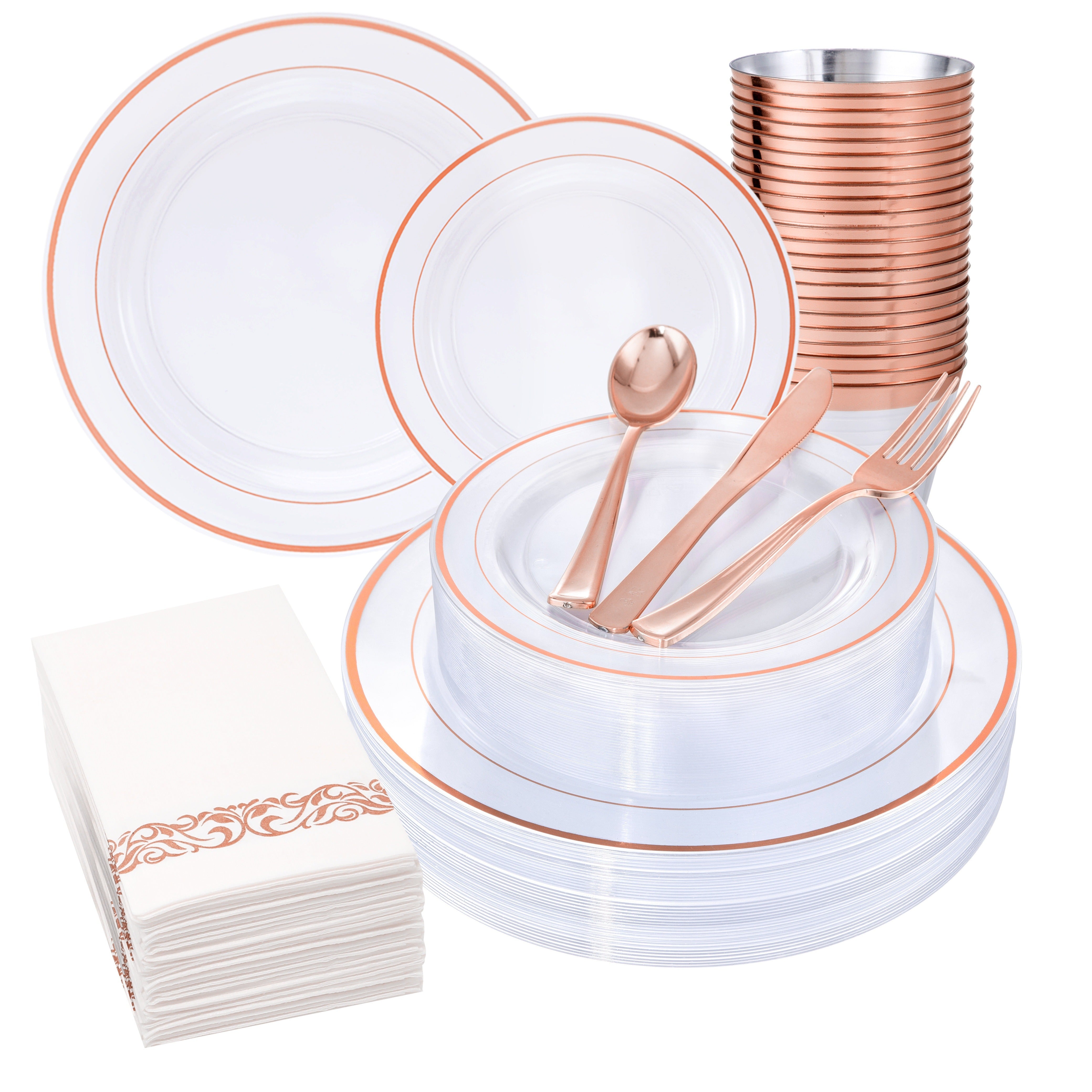 TEMU 350pcs Rose , Rose Golden Dinnerware Set : 50 Dinner Plates 10.25 Inch, 50 Dessert Plates 7.5 Inch, 50 Rose Golden Cutlery Set, 50 Disposable
