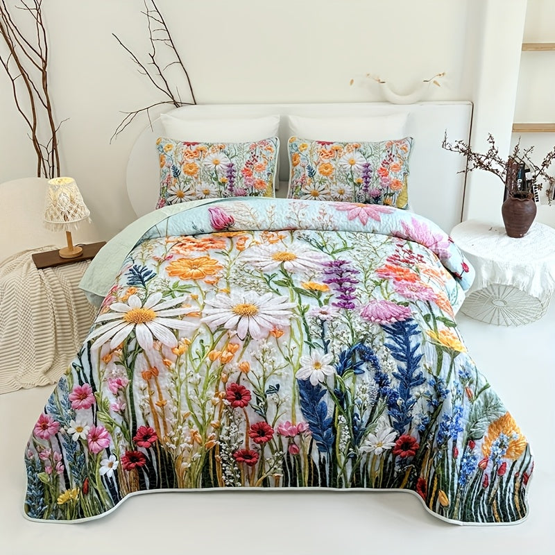 TEMU 2-3pcs Colorful Flowers And Plants Quilted Quilt, 1pc Quilted Quilt+ 1-2pcs Pillowcases, Soft Breathable Comfortable Portability Hypoallergenic