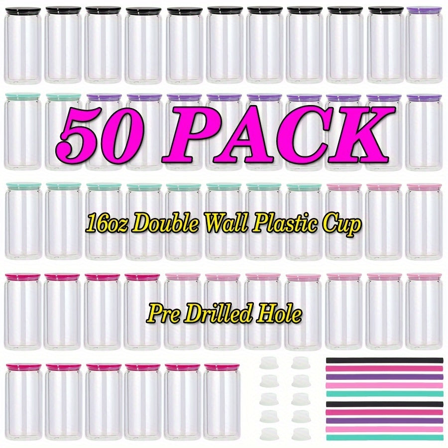 TEMU 25 Pack- 50 Ack 16 Oz Plastic Snow Tumbler With Pre Drilled Hole Double Wall Clear Plastic Cup Iced Coffee Boba Juice Soda Can Shaped Water