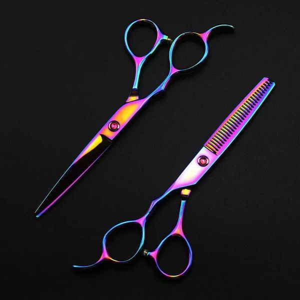 professional Japan 440c left handed 6 rainbow hair scissors haircut thinning barber makas cutting shears hairdresser scissorsM240801