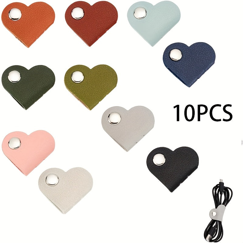 TEMU 10pcs Vibrant Heart-shaped Pu Leather Set - Manage Earphones & Headphones Cables With Ease, Non-battery Cable Management Clips, For , Travel And