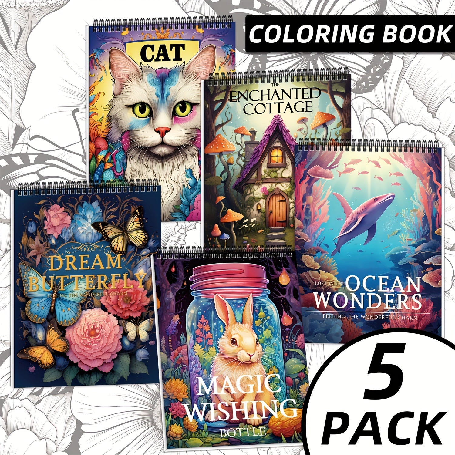 TEMU 5pcs Adult Coloring Book Set With 150 - Dream Butterflies, Magic Wishing, Ocean , Cats & Cottage | Spiral Bound Thick Paper Books For