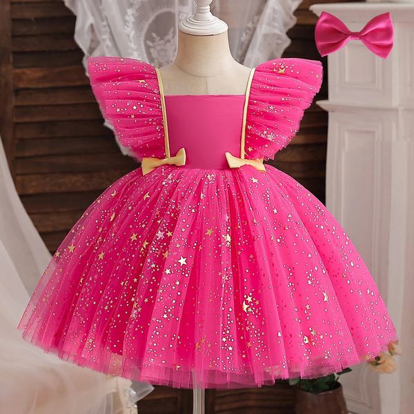 1st Birthday Princess Dress Girl Sequined Star Ruffle Bow Tutu Dress Baby Formal Ball Dress Childrens Evening Dress 250103