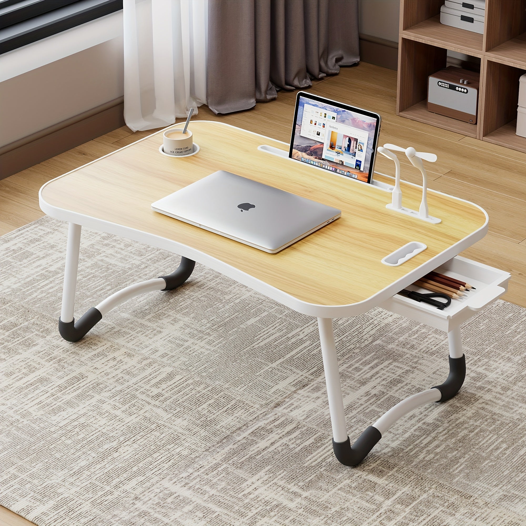 TEMU Portable Foldable Laptop Bed Table With Cup Holder & Tablet Slot - Heavy-duty Multifunctional Tray Desk, Adjustable Height-like Stability For