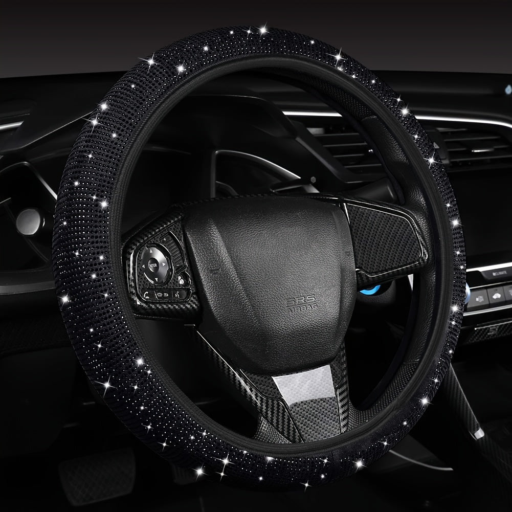TEMU Sparkling Car Steering Wheel Cover, Universal -38cm, Full Diamond, Non-slip Bottom, Durable Polyester, Comfortable Car Interior Accessory, No