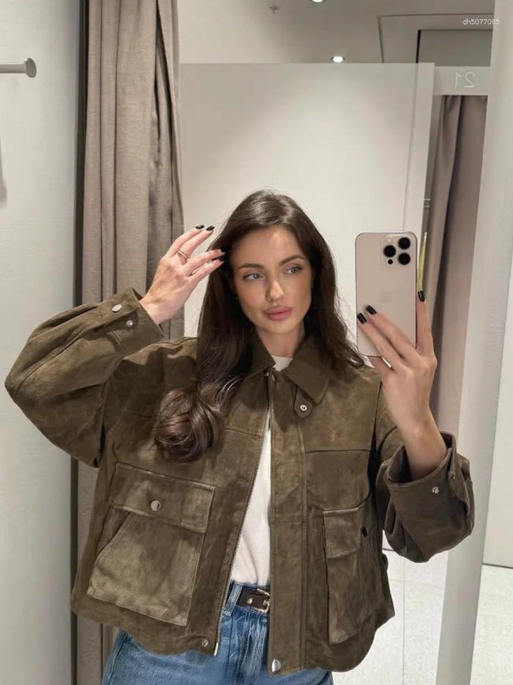 Women&#039;s Jackets Casual Lapel Suede Bomber Jacket Fashion Long Sleeve Zipper Pockets Coats Lady 2025 Autumn Winter Chic Street Outerwear