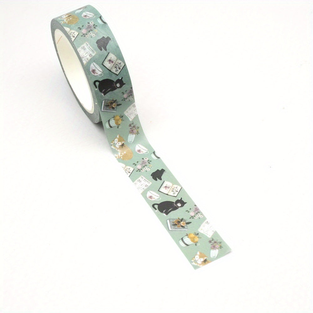 TEMU 1pc 15mm X 10m Cat & Books Coffee Theme Washi Tape, Paper Adhesive Tape For Stationery, Diy Crafts, Gift Wrapping, Scrapbooking & Journaling