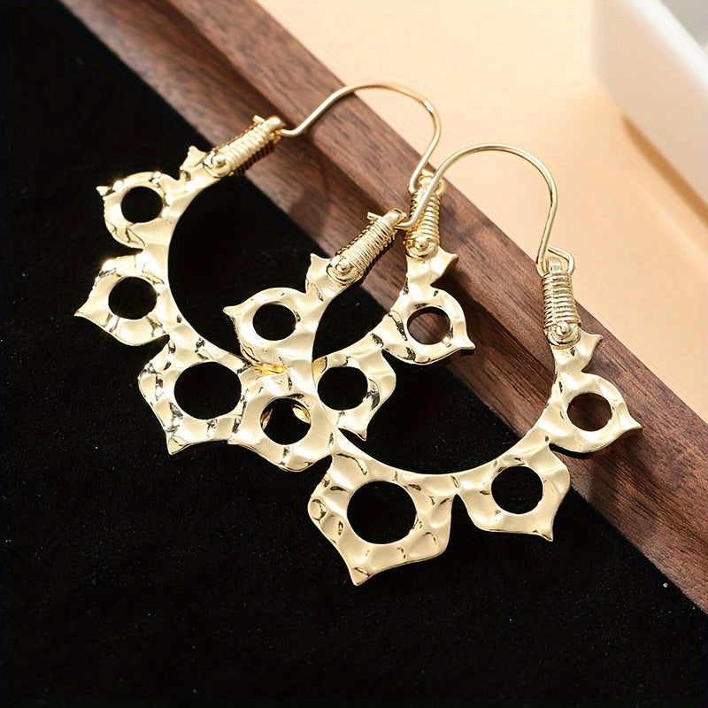 TEMU For Lotus Story Handmade Hollow For Lotus Ring Hoop Earrings - Kc Golden-plated Bohemian Vintage Style, Intricate , Durable & Comfortable Hoops