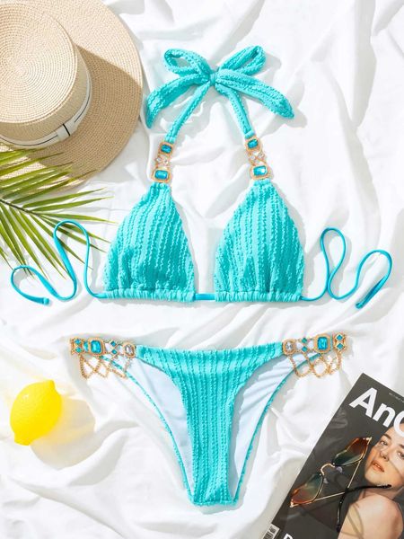 Luxury Rhinestone Diamond Womens Bikini 2024 Sky Blue 2-piece Swimsuit Summer Beach Boom SwimsuitW241225