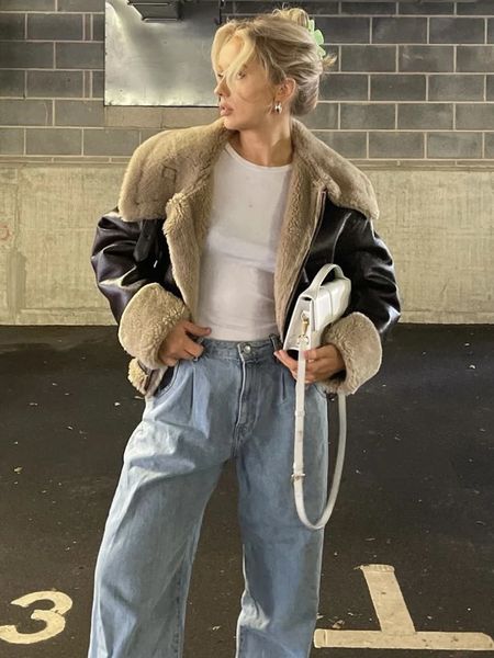 ZBZA Womens PU Leather Motorcycle Jacket Warm Lapel Double Pocket Zipper Short Thick Outerwear Fall Winter Female Chic 241121