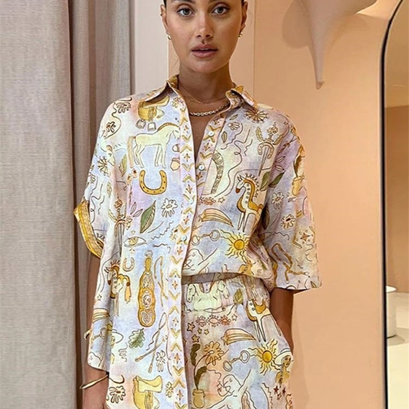 Women&#039;s Tracksuits Ins Pockage Printed Top Pant Set Women Elegant Turn Down Collar Half Sleeve Shirt Ladies Wide Leg Trouser Suits Fashion Outf