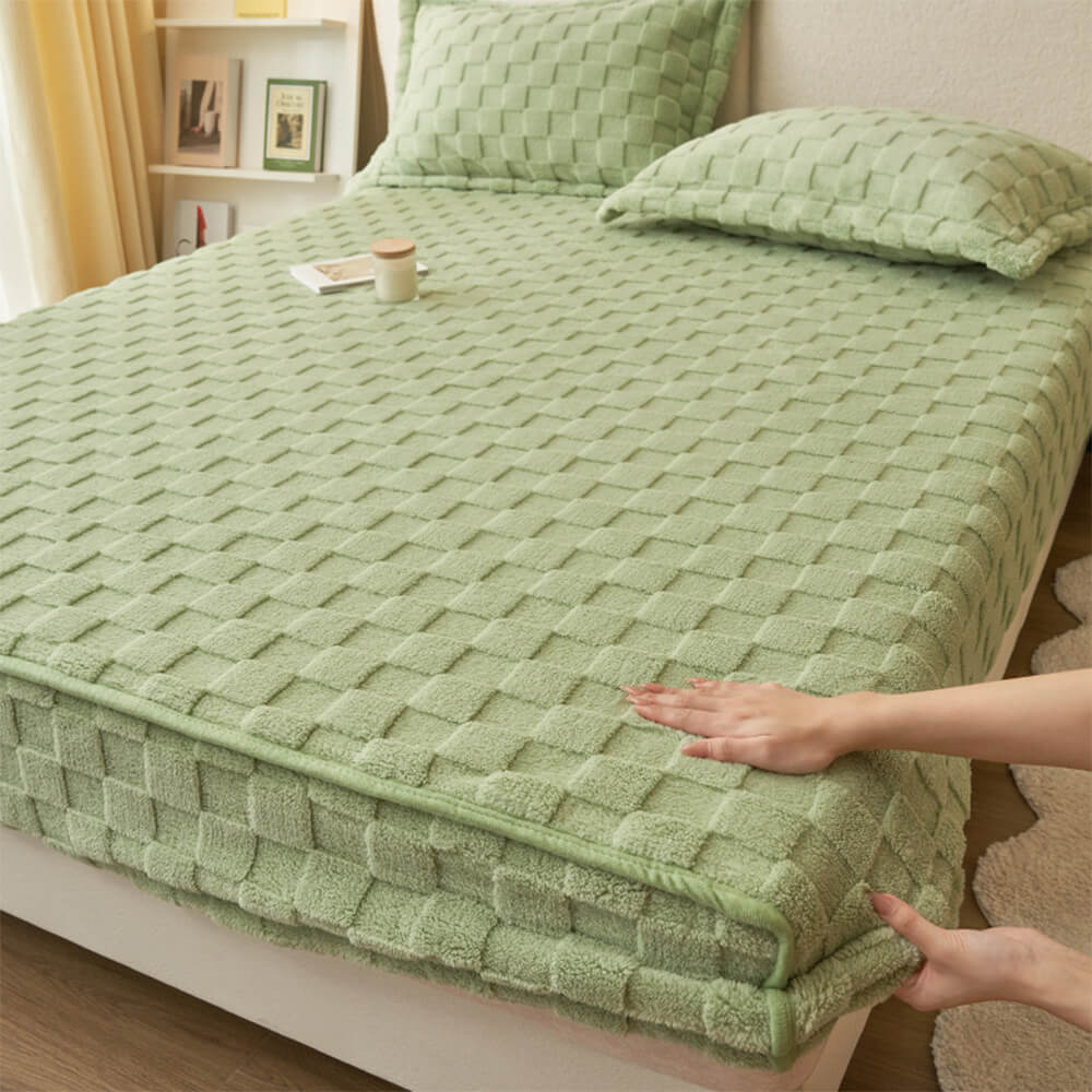 Premium Soft Checkerboard Plush Fitted Sheet Mattress Cover, Green - Pillowcases（2pcs）