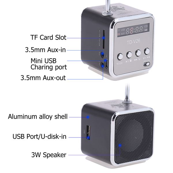 TD-V26 Mini Radio Receiver With USB Portable Speakers With Fm Radio Digital For PC Phone Mp3 Music Player Support TF Card