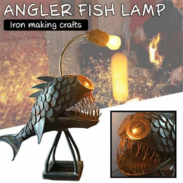 Creative Angler Fish Desk Lamp Shark Desktop Night Light USB Metal Art Lantern Table Decoration Bedroom Home Gift 240129