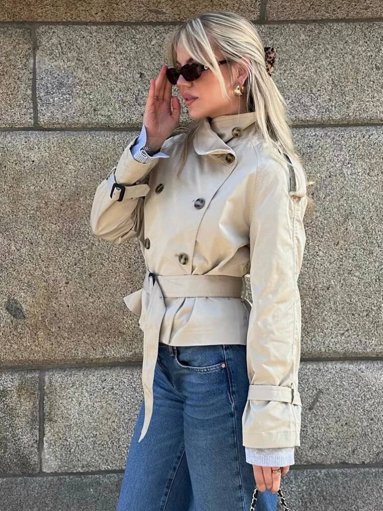 Spring Double Breasted Trench Coat With Belts Women Elegant Stand Collar Long Sleeve Jacket Office Lady Windbreaker Street Tops