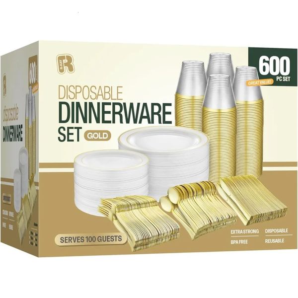 600 pieces of plastic tableware set for 100 guests gold plastic plates for parties gold pie matching plates for 100 guests high-end wedding