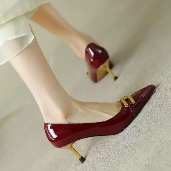 Button Metal Wine Red Pointed Heels Women Autumn 2023 New French Retro Fine Single for Women&#039;s Shoes Elegant Banquet 6f8a &#039;s