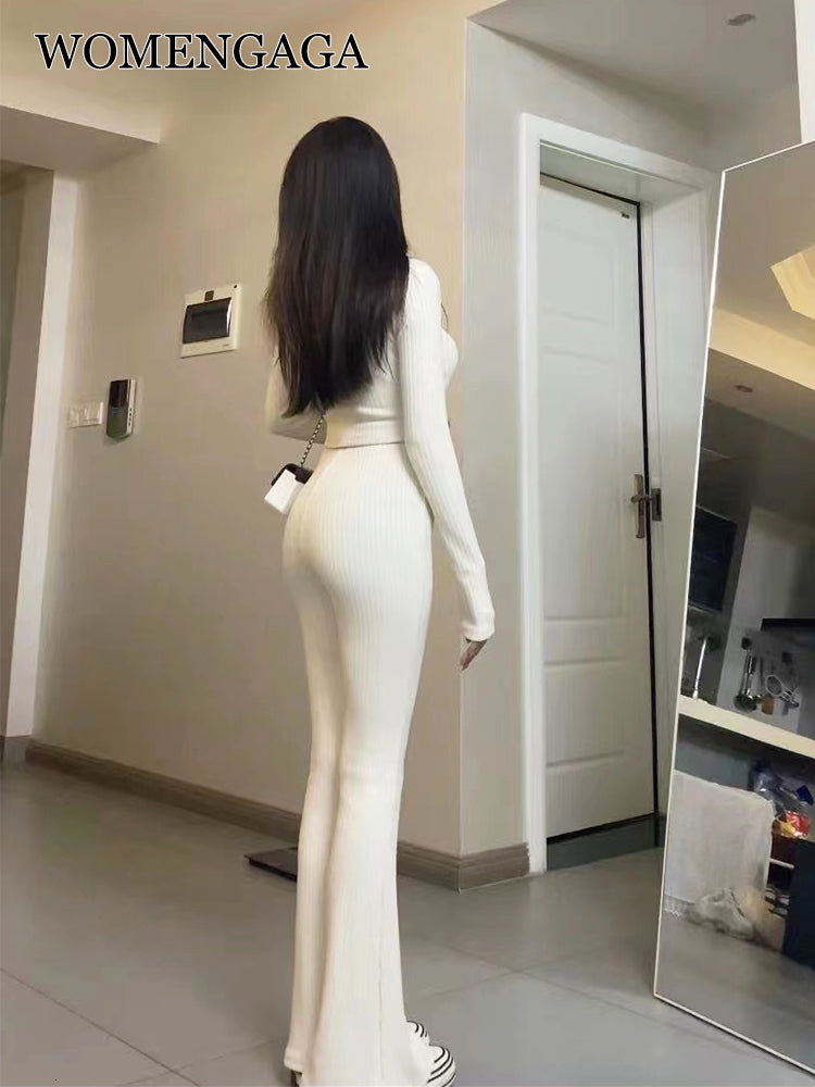 WOMENGAGA Slim Knitting Sweater O Neck + Knitted Trousers Flare Pants Fashion Elastic Winter Two-Piece Set Sweet Korean R50o