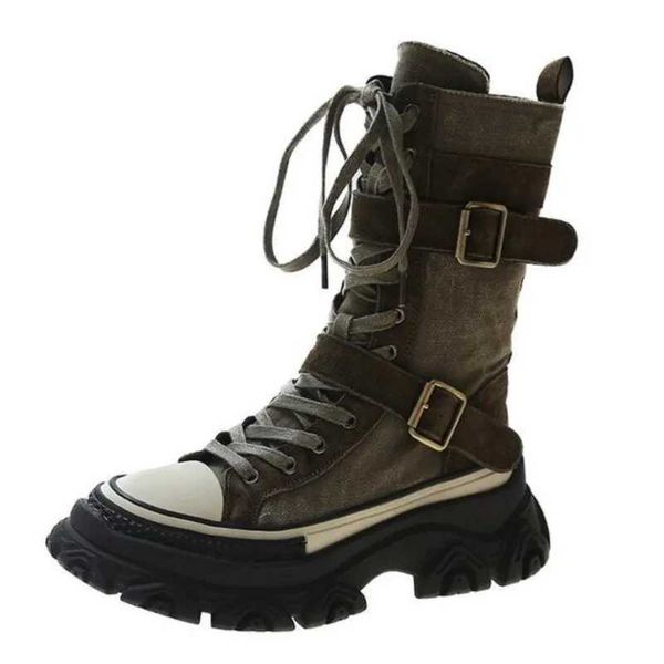 Thick platform women boots vintage canvas tooling High top knight boots Round head muffin sole side zip Belt buckle boots C21XJ250115